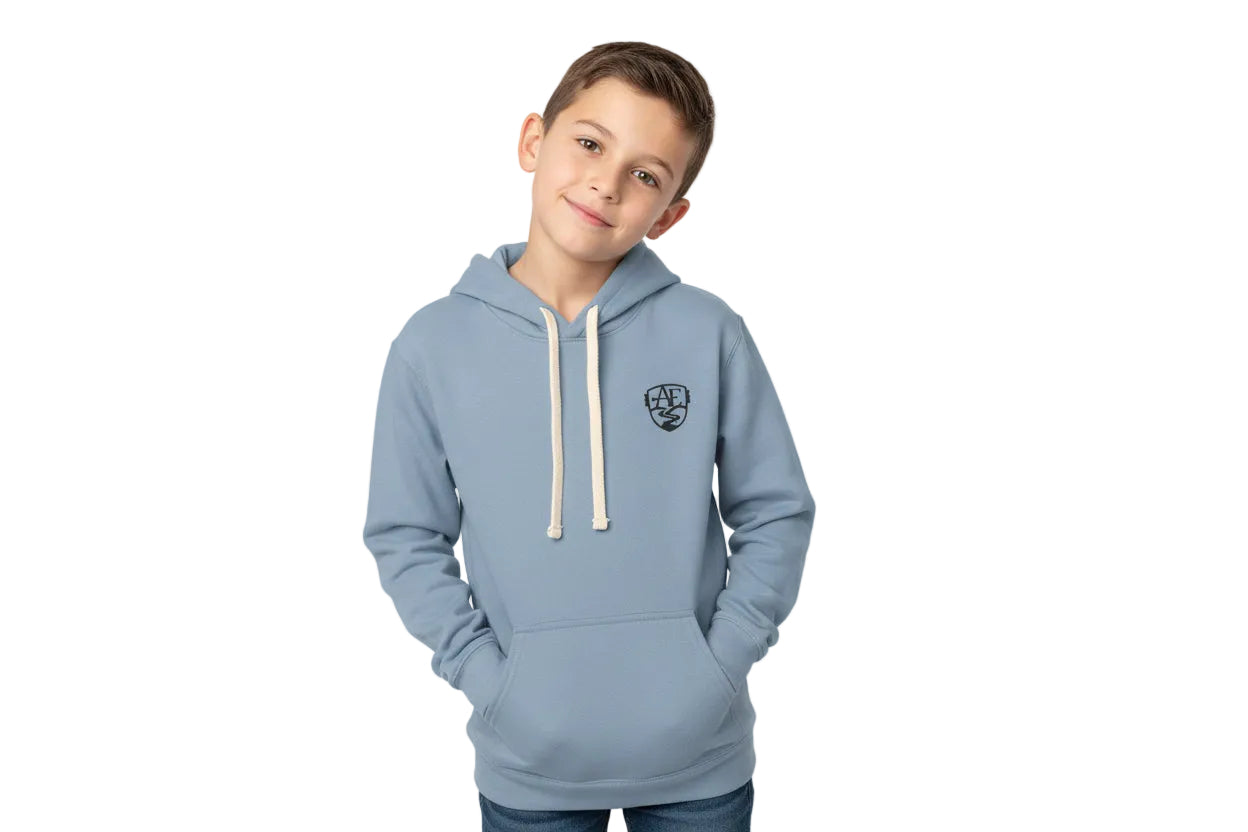 Young boy wearing a light blue hoodie displaying the Altamaha Echo brand on the left chest